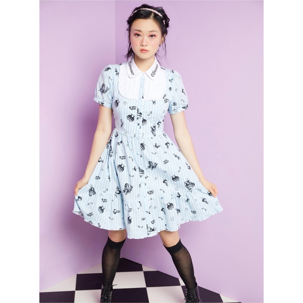 Disney Alice in Wonderland Blue Striped Curiouser Peter Pan Collar Dress M